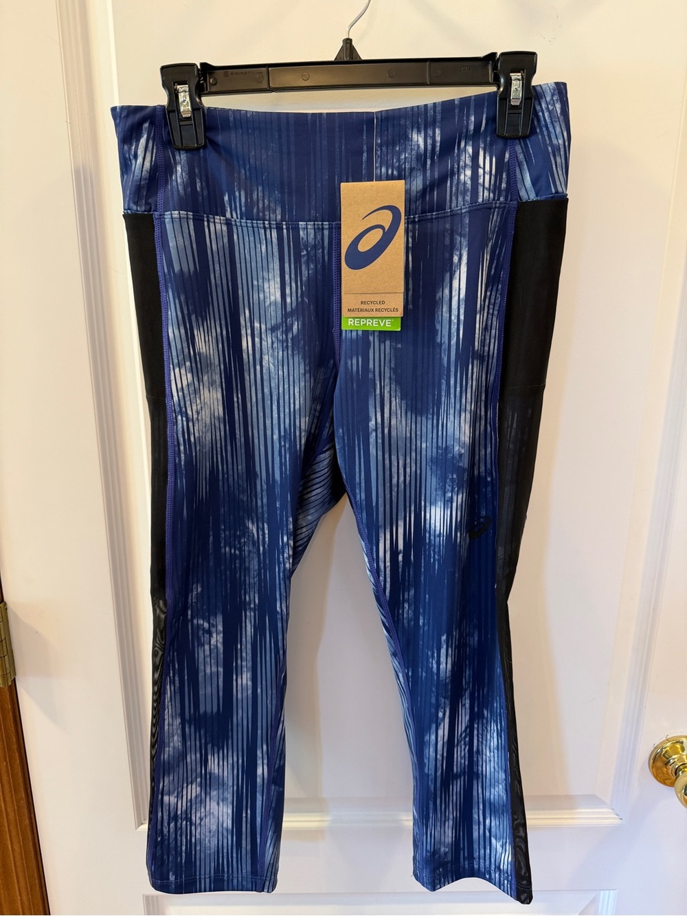 Asics NWT Ladies Large Blue Wavy Stripes Capri Leggings W/Sheer Black Panels
